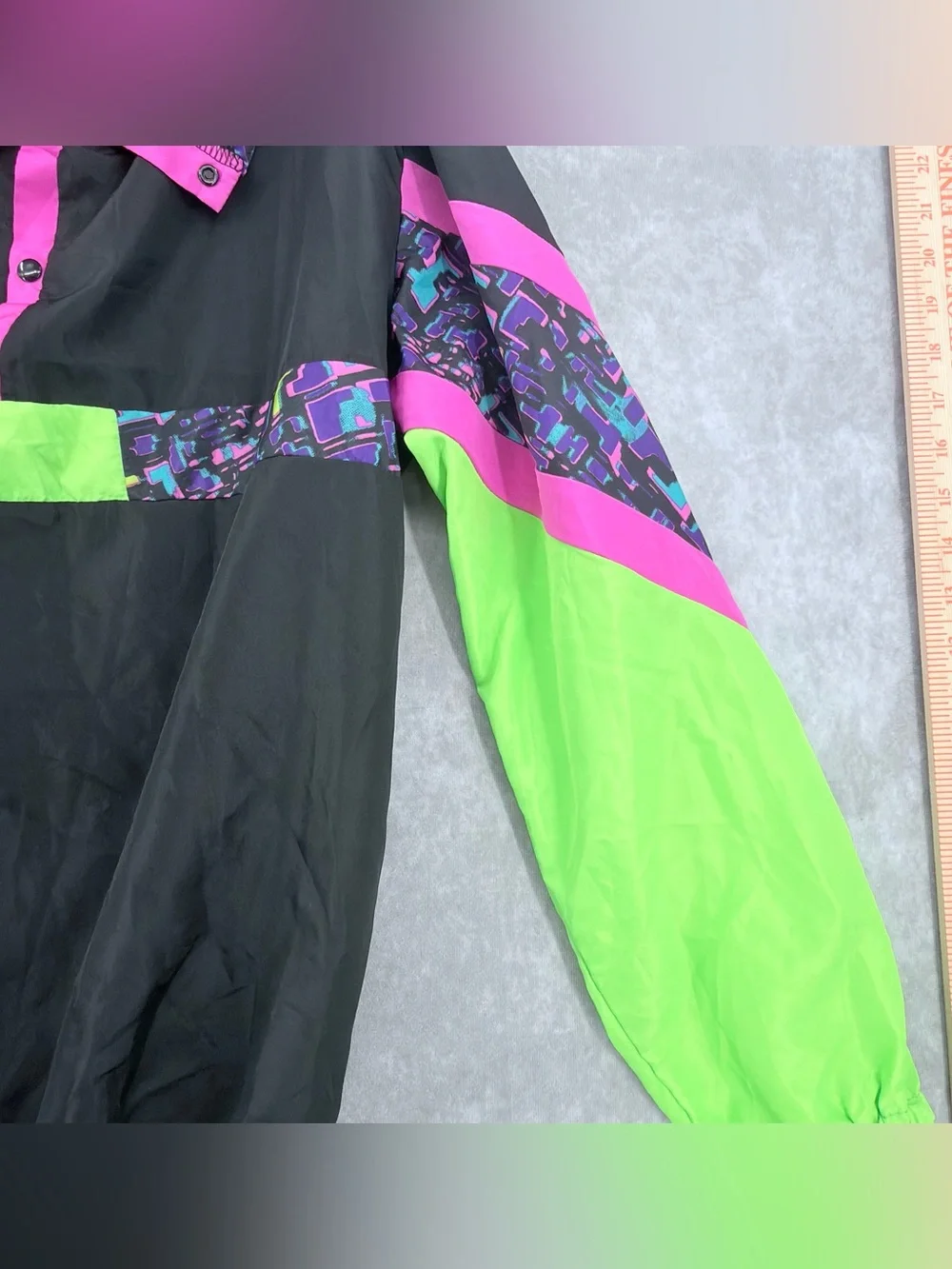 Vintage Black Windbreaker with Neon Pink & Lime Green Accents spirit Halloween - Picture 3 of 11